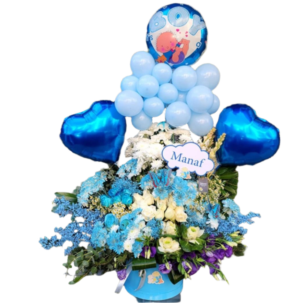 Baby Boy Flower Arrangement with Balloons – Custom Name Option