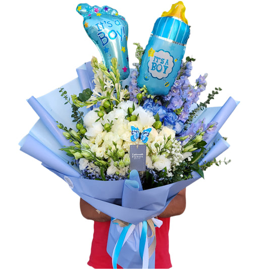 It’s a Boy! Baby Boy Bouquet with Balloons – Wrapped Flower Gift