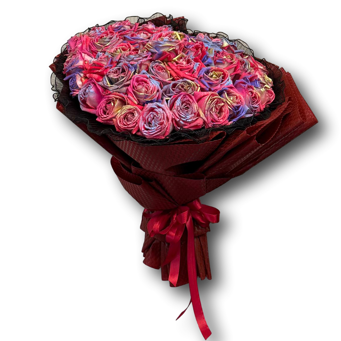 Bouquet of colorful roses wrapped in red paper with a red ribbon on a white background
