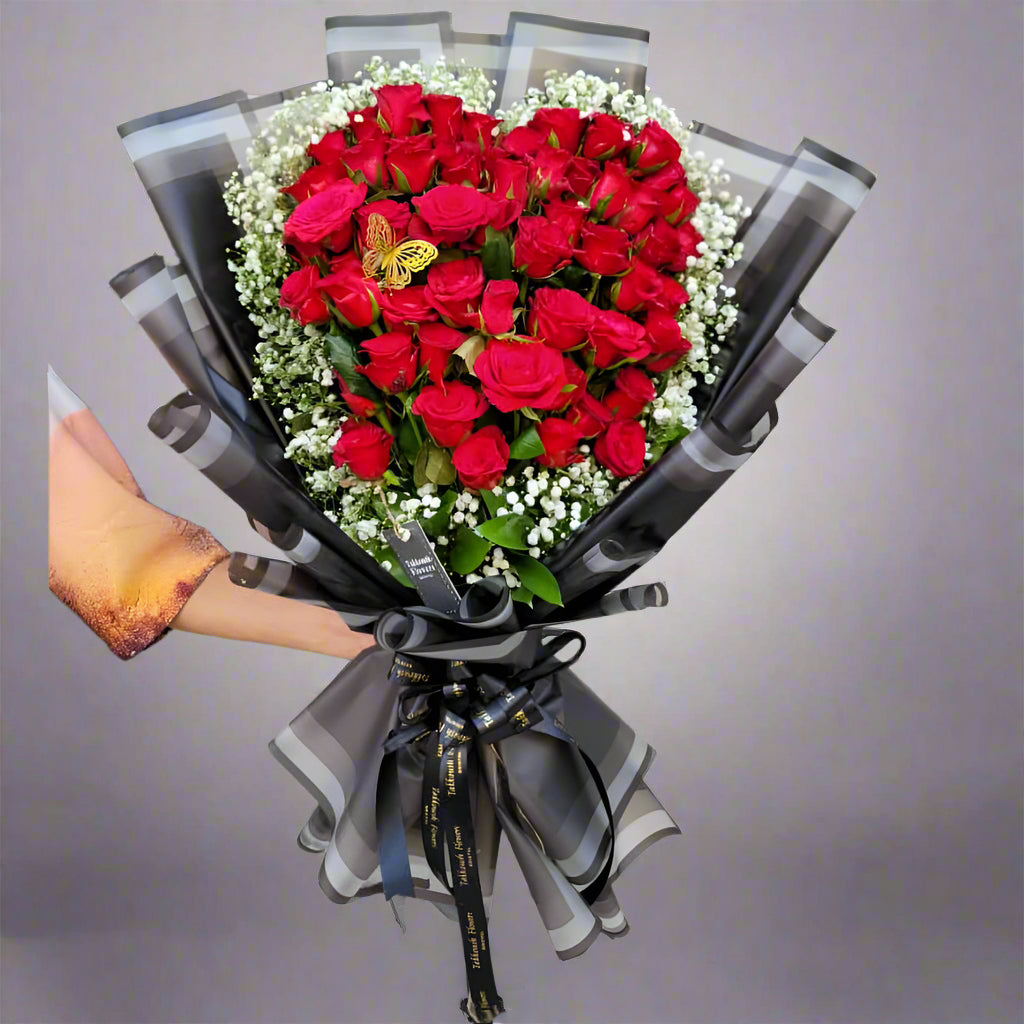 Elegant Red Rose Heart Bouquet | 50 Roses