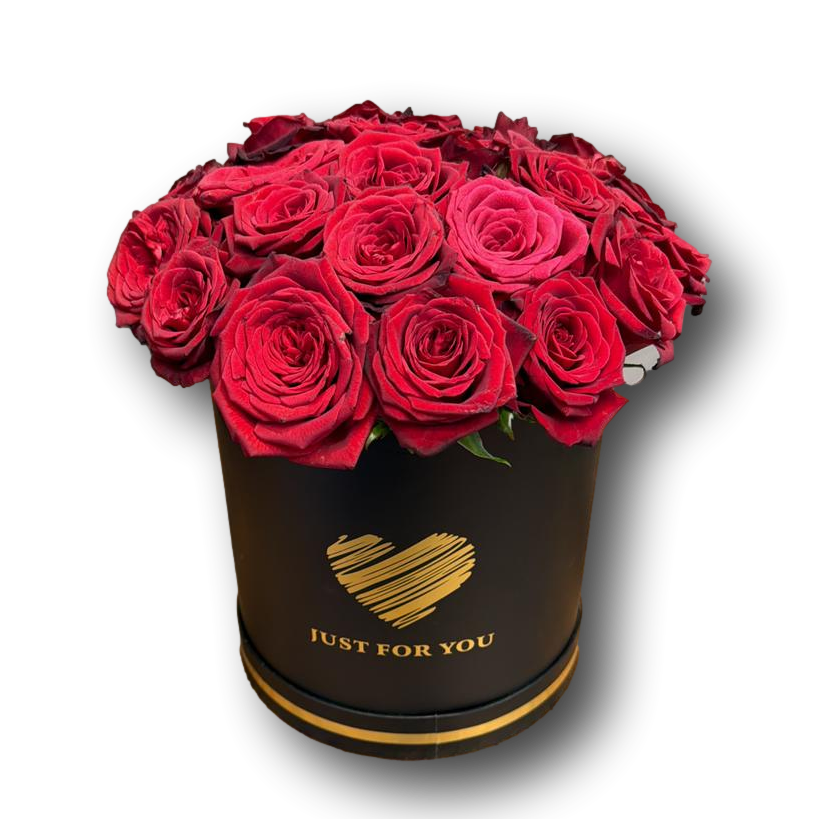 A refined black flower box filled with rich red roses and finished with a gold “Just For You” detail. Elegant, intimate, and deeply romantic—crafted to express love in the most timeless way.
