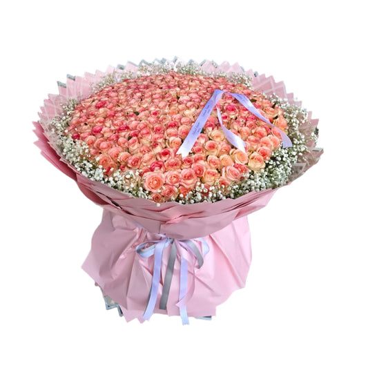 Giant bouquet of 300 pink-peach roses with baby’s breath, wrapped in blush paper and ribbons, from Takkoush Flowers in Beirut, Lebanon.