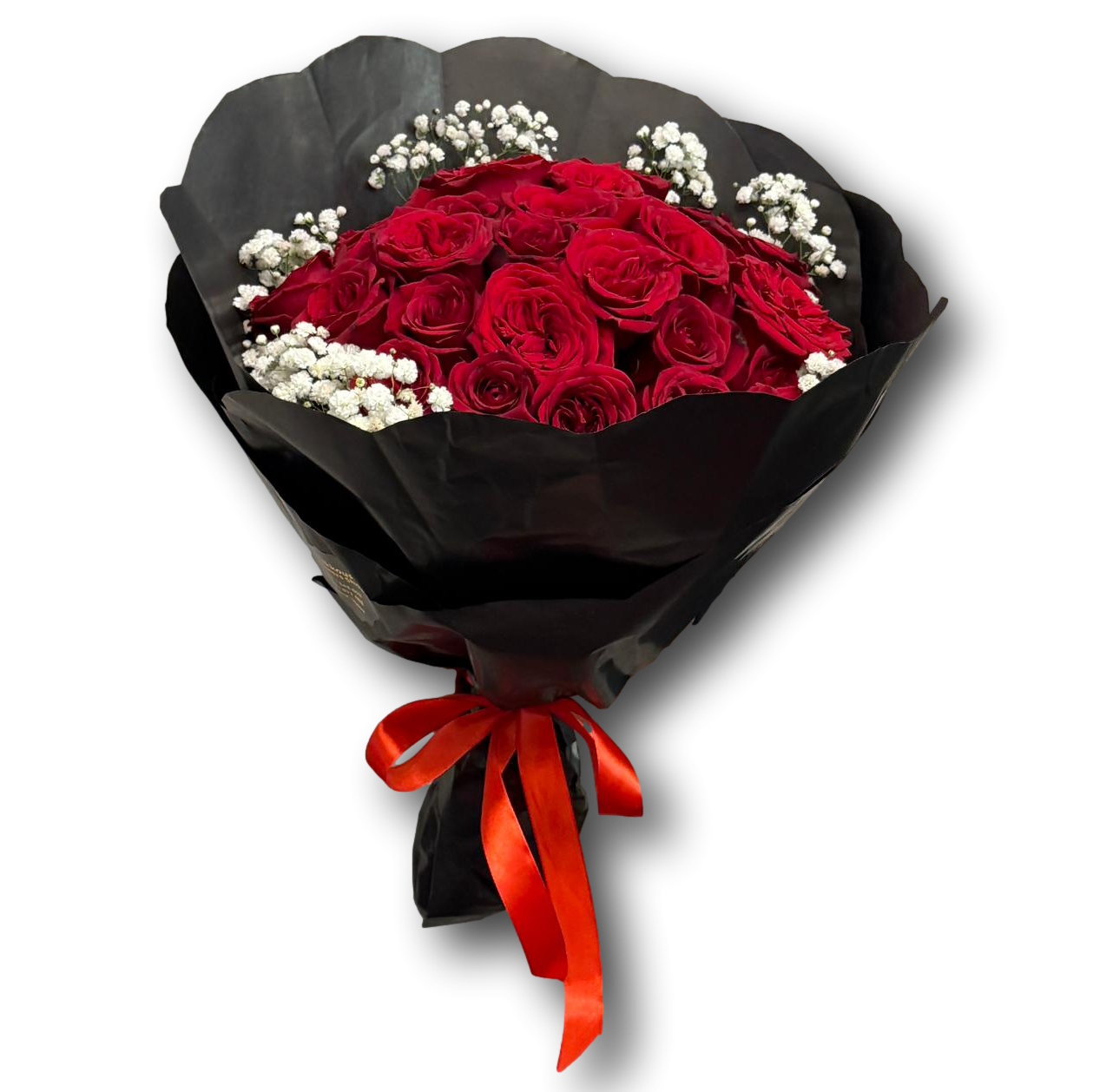 Bouquet of red roses with a black wrap and red ribbon on a white background