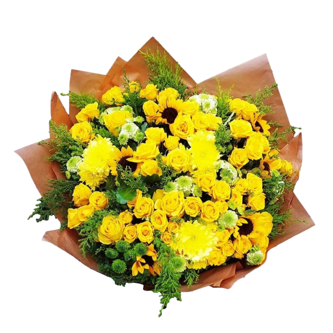 Brighten up your day with our vibrant mixed flower bouquet! Featuring a stunning combination of yellow roses, sunflowers, and green and yellow chrysanthemums, this bouquet is sure to make a statement. The bouquet also comes with extensions and other accessories to make it even more special. Whether you're looking to brighten up your own space or surprise someone special, our mixed flower bouquet is the perfect choice. Order now and enjoy the beauty of fresh flowers delivered right to your door!