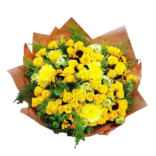 Brighten up your day with our vibrant mixed flower bouquet! Featuring a stunning combination of yellow roses, sunflowers, and green and yellow chrysanthemums, this bouquet is sure to make a statement. The bouquet also comes with extensions and other accessories to make it even more special. Whether you're looking to brighten up your own space or surprise someone special, our mixed flower bouquet is the perfect choice. Order now and enjoy the beauty of fresh flowers delivered right to your door!