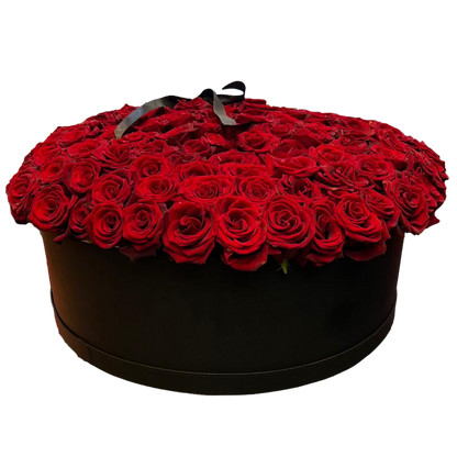 Black round box filled with red roses on a white background