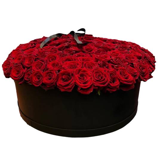 Black round box filled with red roses on a white background
