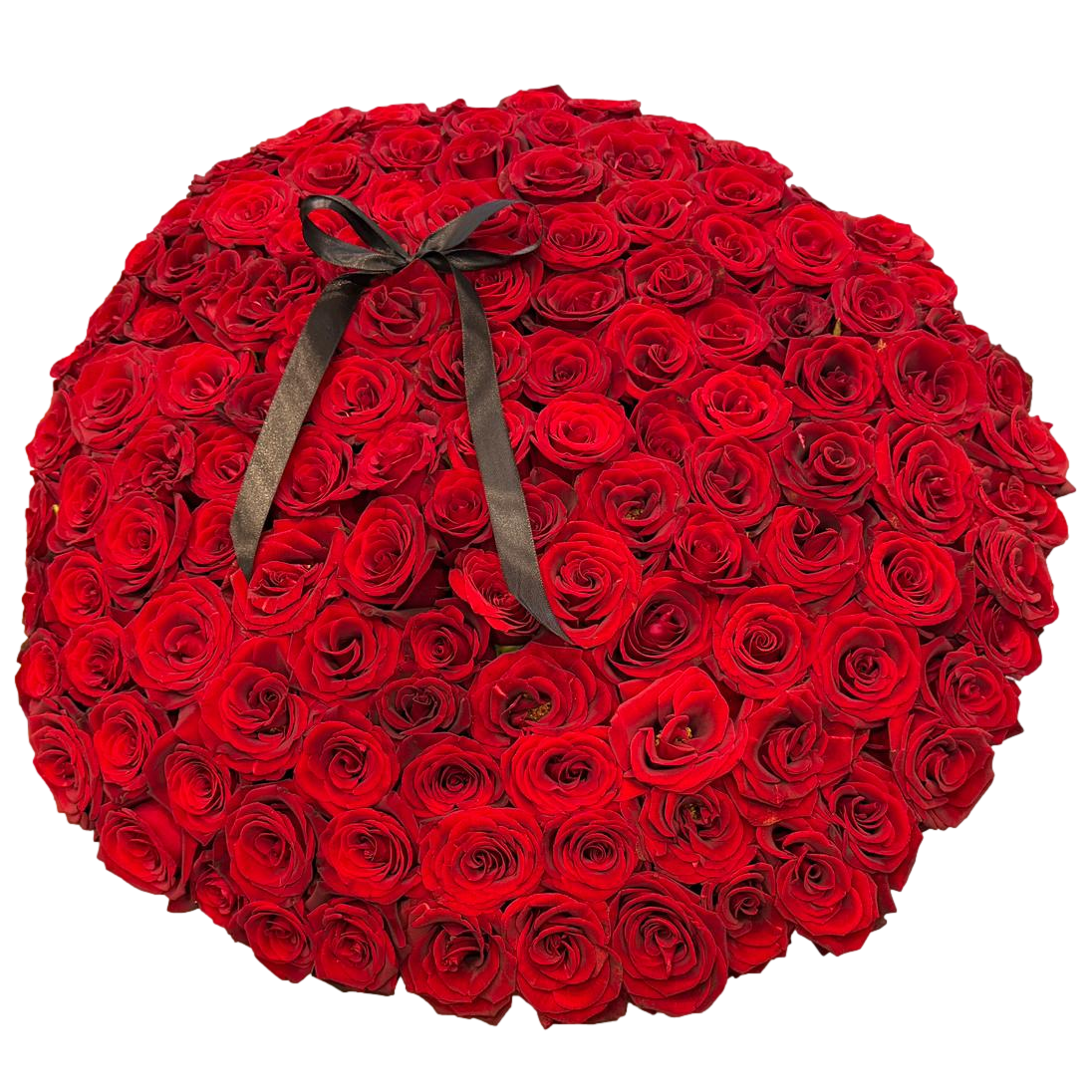 Round arrangement of red roses with a brown ribbon on a white background
