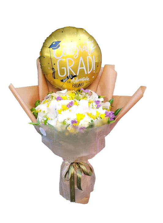 Bouquet of flowers with a gold balloon reading 'Congrats Grad!' on a white background