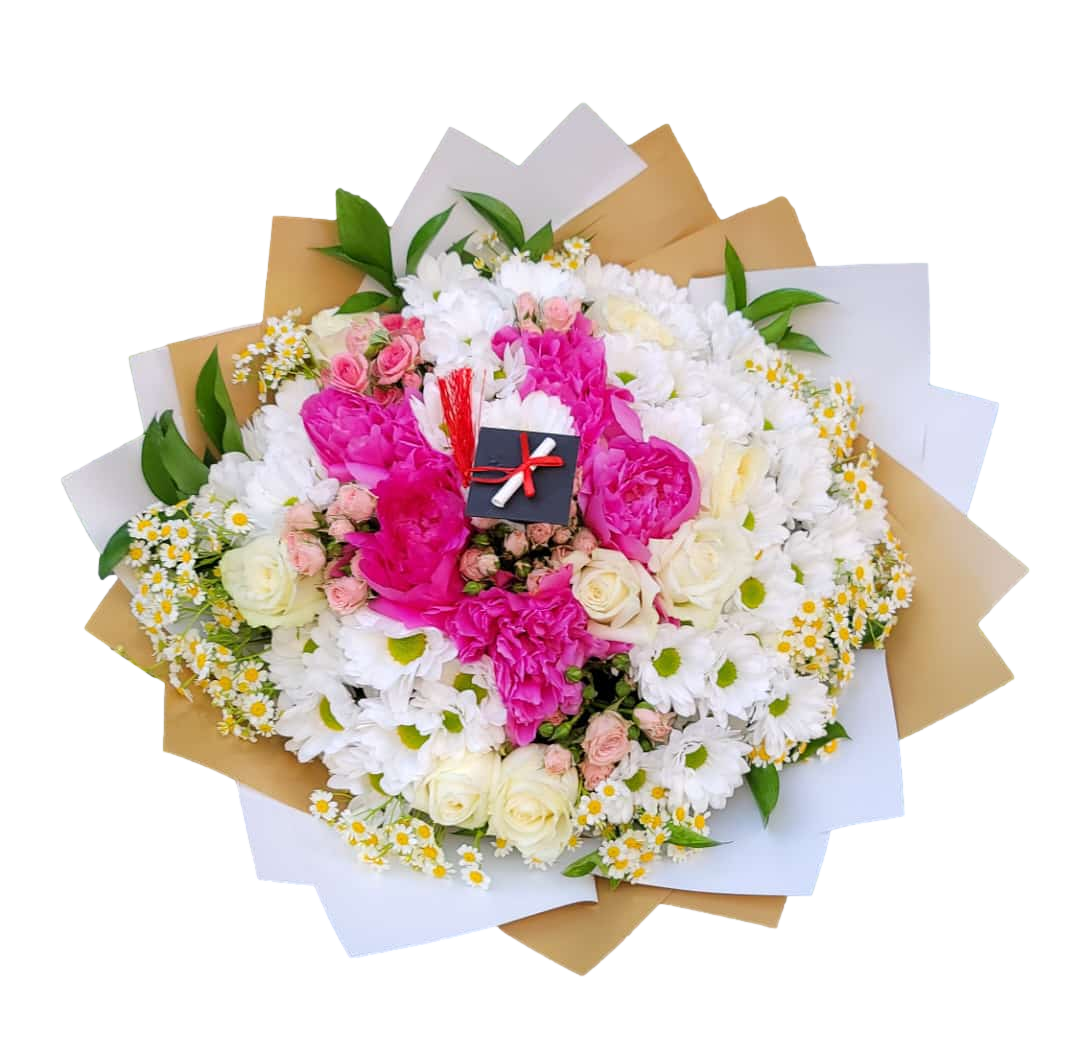 A graduation floral arrangement featuring a mix of pink peonies, white daisies, and pink roses, wrapped in brown paper, with a mini graduation cap and diploma included.