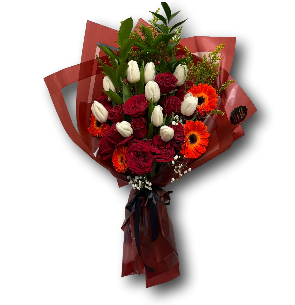Romantic mixed flower bouquet with 12 red roses, 10 white tulips, and 4 orange gerberas, finished with fresh greenery and elegant red wrapping, perfect for Valentine’s Day and expressions of love