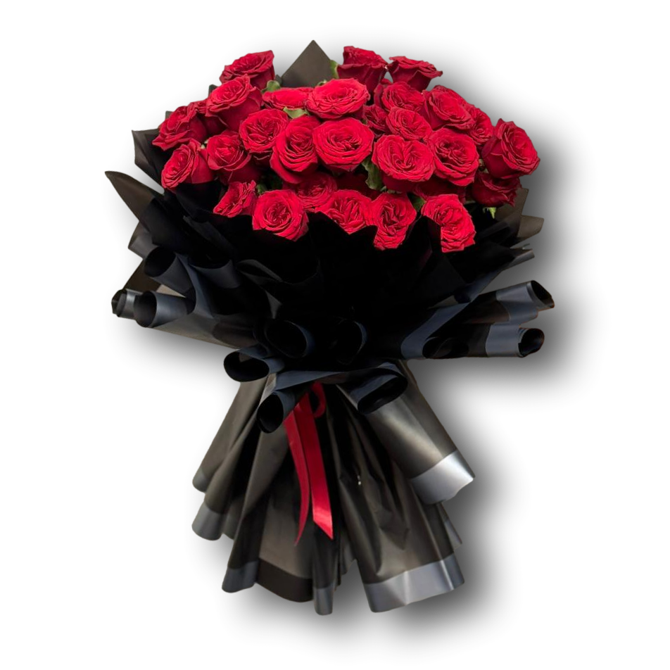 Luxurious bouquet of 40 red roses wrapped in dramatic black layers with a red ribbon, designed for Valentine’s Day and grand romantic gestures
