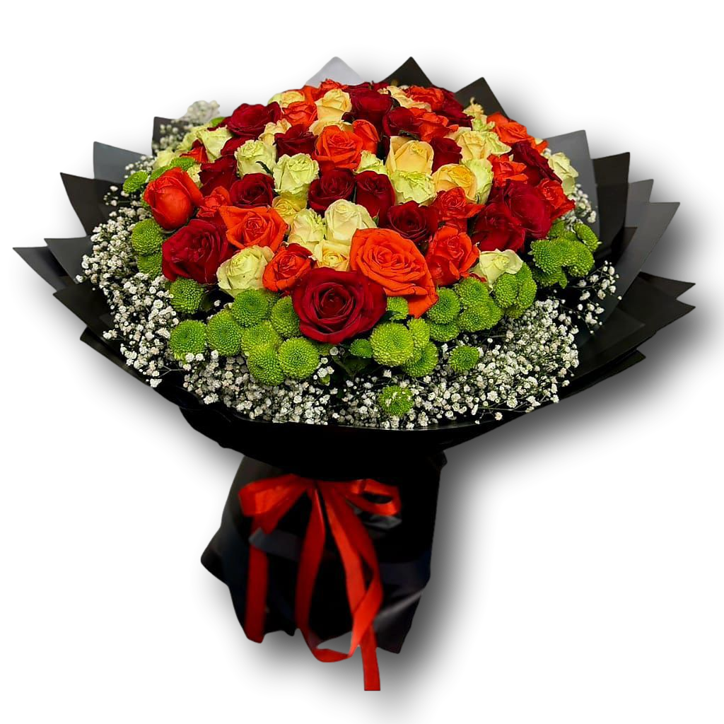 Luxurious bouquet featuring 120 premium roses in red, orange, and cream tones, accented with baby’s breath and green button chrysanthemums, wrapped in elegant black paper