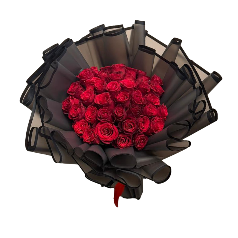 Luxurious bouquet of 40 red roses wrapped in dramatic black translucent layers with a red ribbon, perfect for Valentine’s Day and bold romantic gifting