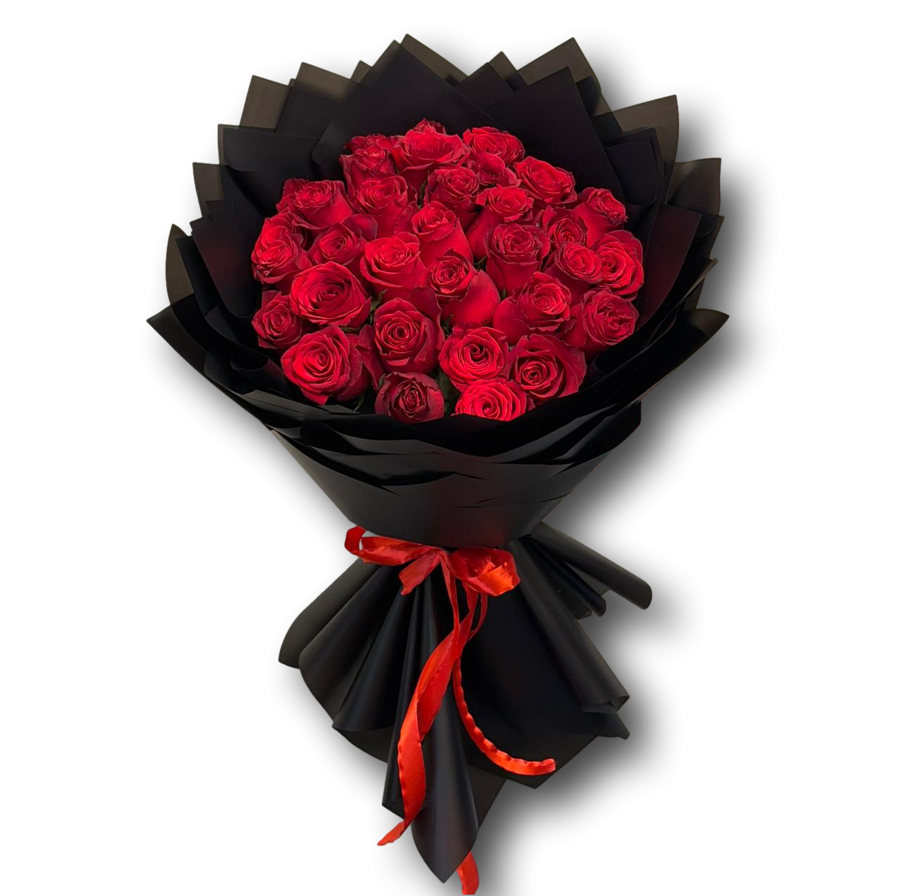 Luxury bouquet of 30 red roses wrapped in elegant black paper with a red ribbon, symbolizing love and passion, ideal for Valentine’s Day