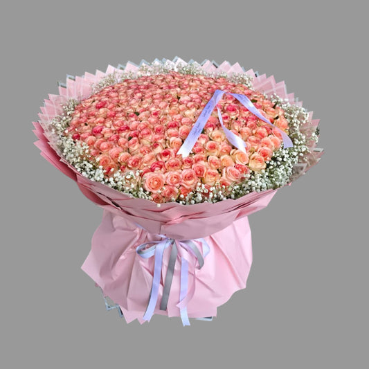 Giant bouquet of 300 pink-peach roses with baby’s breath, wrapped in blush paper and ribbons, from Takkoush Flowers in Beirut, Lebanon.