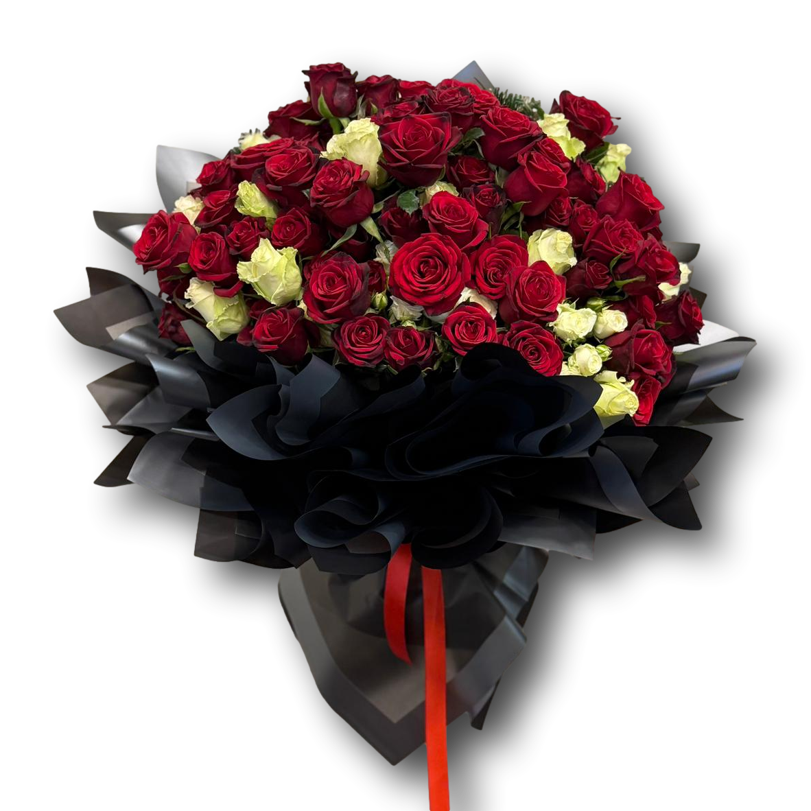 Luxurious bouquet of 65 roses featuring rich red blooms with soft ivory accents, wrapped in dramatic black layers, designed for Valentine’s Day and grand romantic gestures