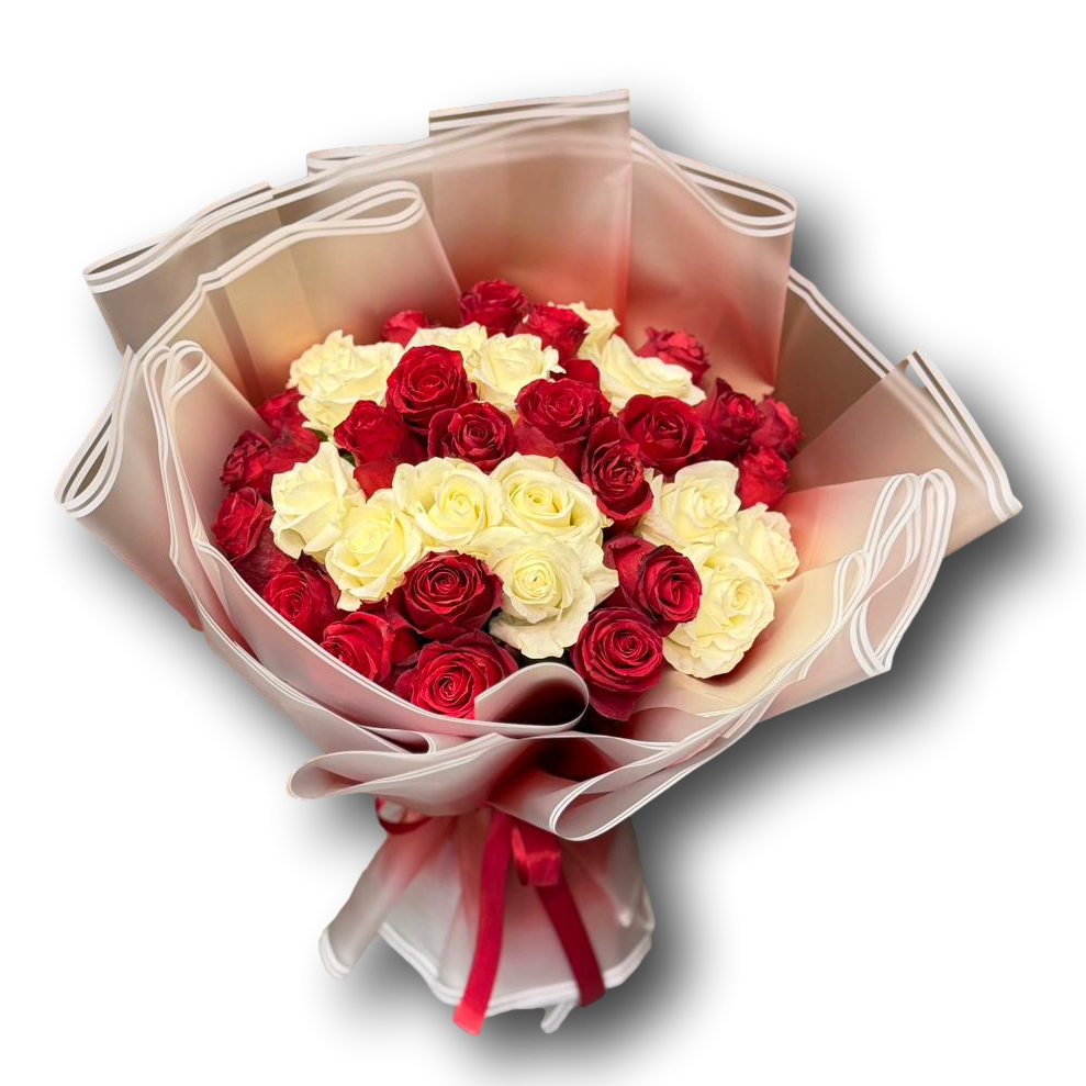 Elegant bouquet of 40 roses featuring red and ivory blooms, wrapped in soft translucent layers with a red ribbon, perfect for Valentine’s Day and romantic gifting