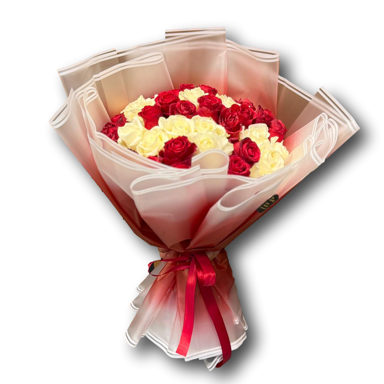 Elegant bouquet of 40 roses featuring red and ivory blooms, wrapped in soft translucent layers with a red ribbon, perfect for Valentine’s Day and romantic gifting. Picture mainly showing wrapping.