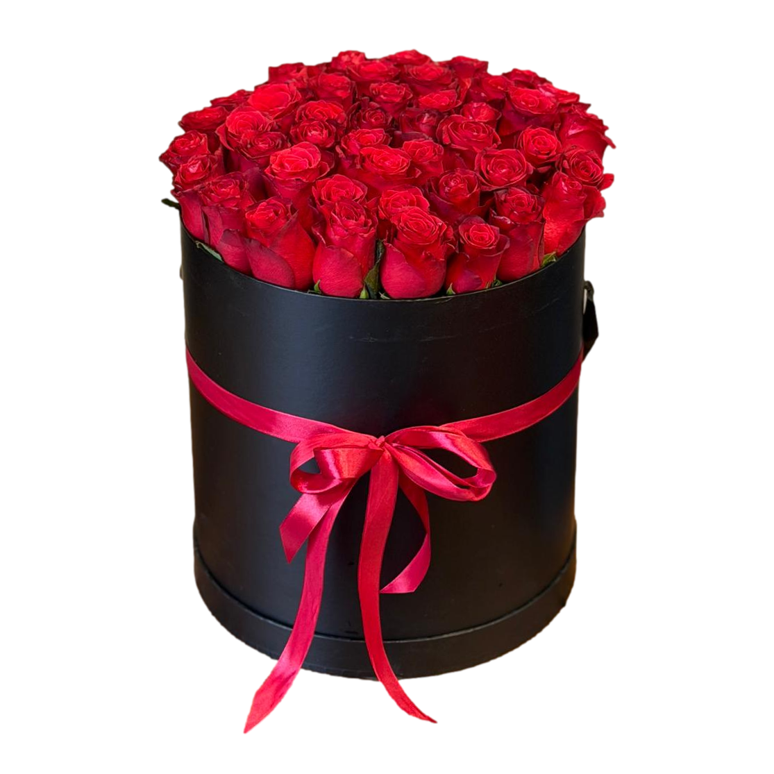 Luxury black flower box filled with 80 premium red roses, finished with a bold red ribbon, designed for Valentine’s Day and grand romantic gifting