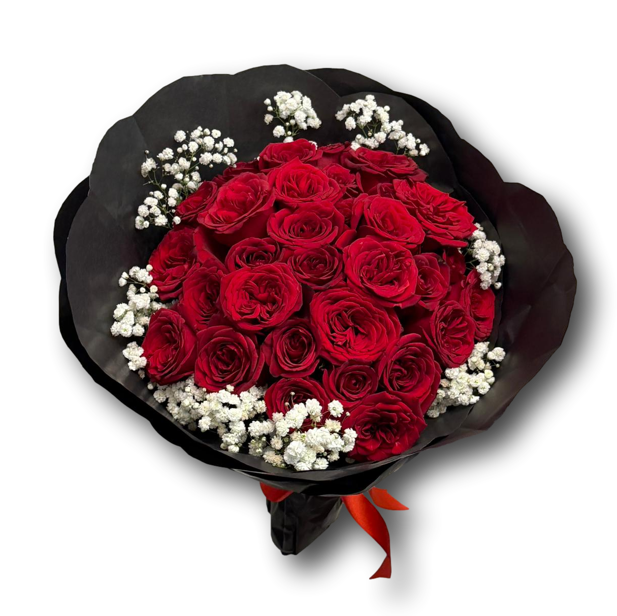 Romantic bouquet of 30 red roses with delicate white baby’s breath, wrapped in elegant black paper with a red ribbon, perfect for Valentine’s Day and expressions of love