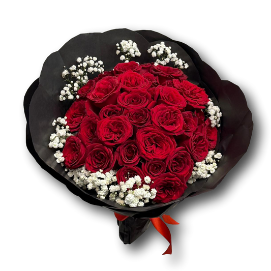 Romantic bouquet of 30 red roses with delicate white baby’s breath, wrapped in elegant black paper with a red ribbon, perfect for Valentine’s Day and expressions of love
