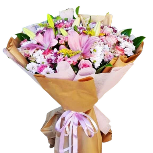 Brighten up your day with our stunning mixed flower bouquet! Featuring elegant lily flowers, vibrant chrysanthemums, delicate solidago, and classic roses, this bouquet is the perfect gift for any occasion. Order now and add a pop of color and beauty to your home or surprise someone special with a thoughtful and unforgettable gift!